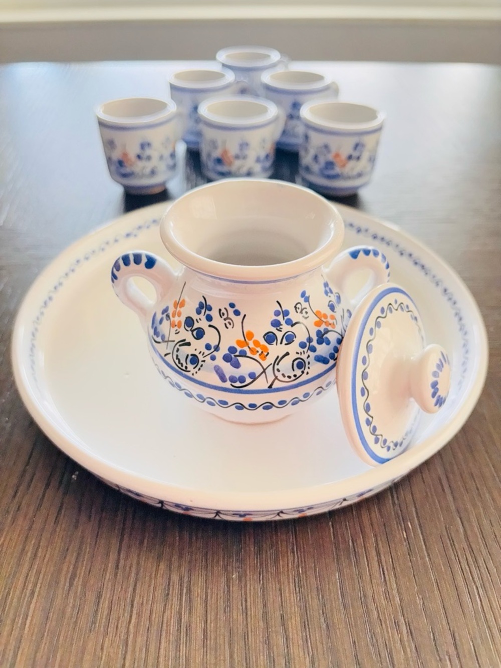 Blue White Demitasse Espresso Set Tray Cups Sugar Bowl European Style - Picture 5 of 9